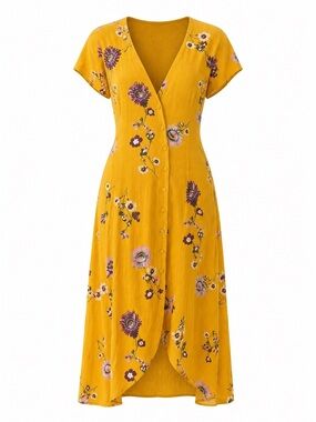 Free People Lost In You Floral Button-Front Midi Dress in Mustard
